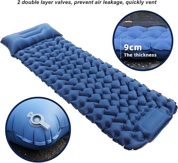 Camping Sleeping Pad Navy Blue Lightweight Moistureproof Inflatable Double Mattress with Storage for Outdoor Adventures