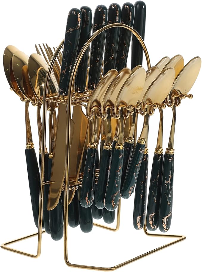 UPKOCH 1set Ceramic Handle Stainless Steel Cutlery Set Forks Spoons Kit with Hanging Stand Ergonomic Design for Home Dining Dishwasher Safe Elegant Finish