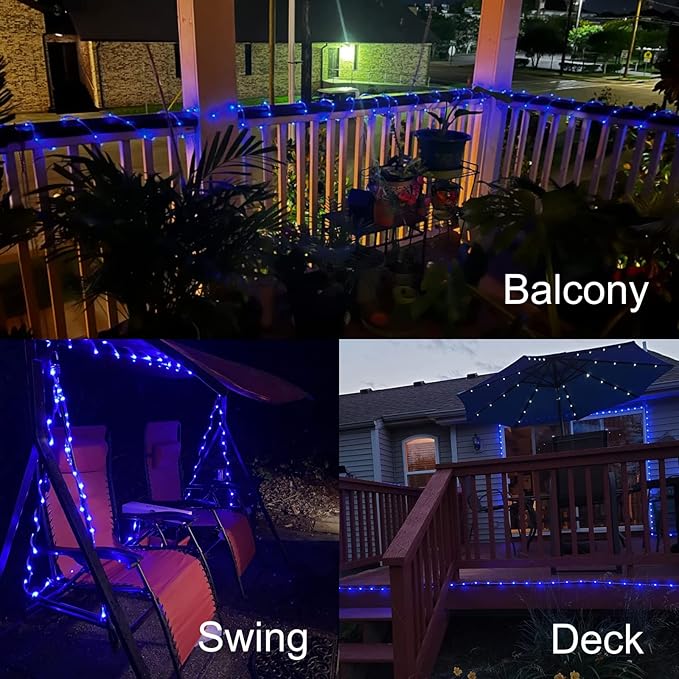 QITONG Blue Solar Rope Lights Outdoor 2 Pack Each 33ft 100LED String Light Fairy Lights in Clear Thin Tube with 8 Modes