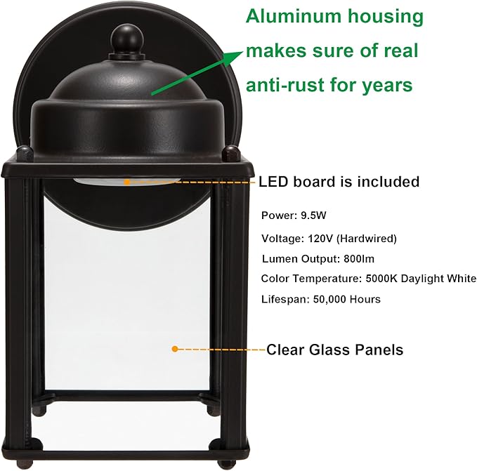LIT-PaTH Outdoor LED Wall Lantern Wall Sconce Porch Lighting Fixture 3000K Warm White 9.5W 800 Lumen Aluminum Housing Plus Glass Bronze Finish-2 Pack