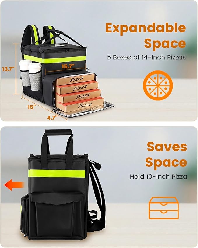 Bodaon Food Delivery Backpack with 2 Base Plates Dual-Layer Insulated Compartments Waterproof Lining Reflective Strip - Pizza Delivery Bag for Bike Couriers Grocery Takeout Food Transport