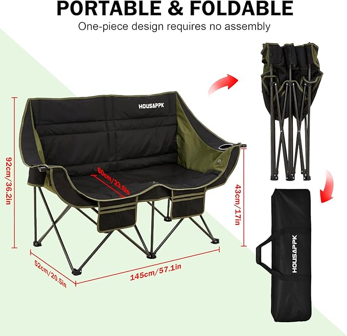 Heated Camping Chair Oversized Heated Double Camping Chair for Adults 2 People Heated Folding Outdoor Sports Chairs for Lawn Hunting and Picnic Supports 750 lbsBattery Not Included