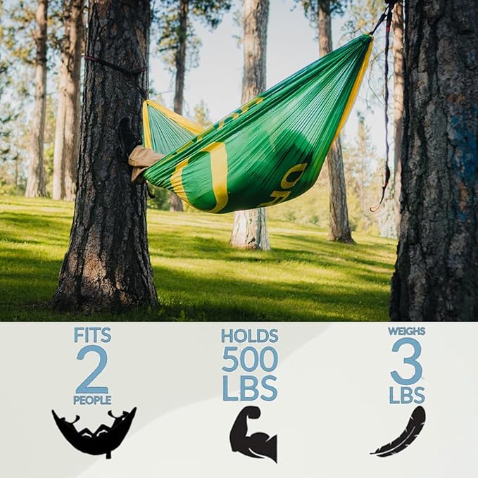 Rincon Official (University of Oregon) College Hammock - Premium 210T Nylon Spacious 112 x 74 inches (LxW) Double &amp Single Camping Hammock - Portable Outdoor Adventure Gear for Students and Alumn