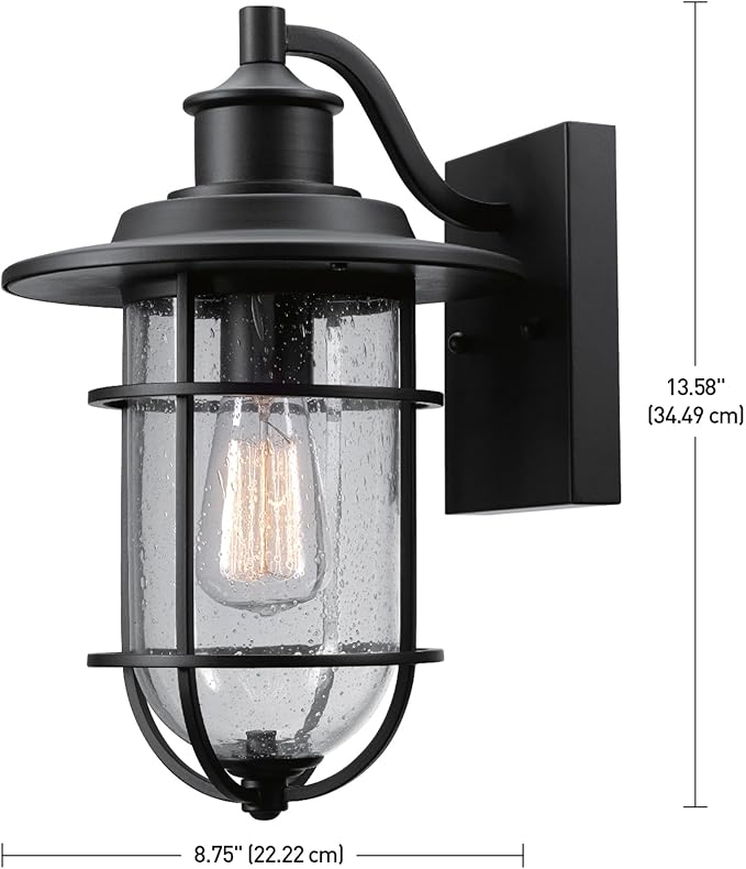 Globe Electric 44094 1-Light Outdoor/Indoor Wall Sconce Black Finish Seeded Glass Shade Coastal Modern Design Weather-Resistant E26 Base