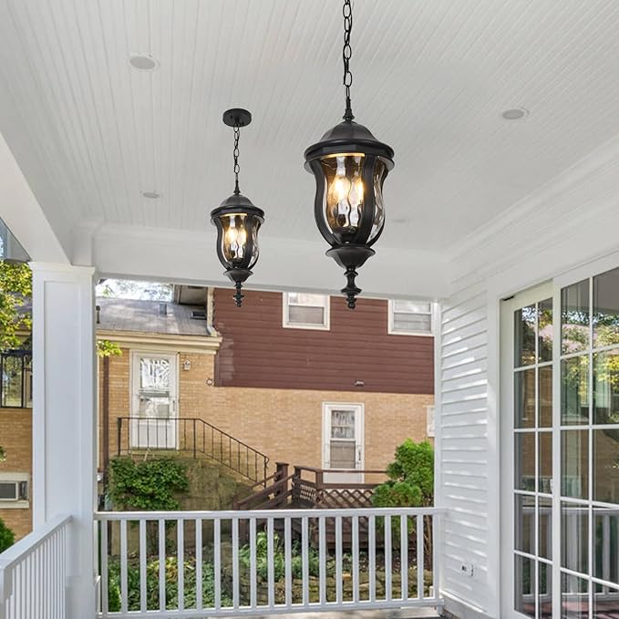 Large Outdoor Pendant Light Fixtures 19.1'' Exterior Hanging Lantern Porch Light Adjustable Black Hanging Lamp Farmhouse Exterior Chandelier Ceiling Mount for Entrance Patio