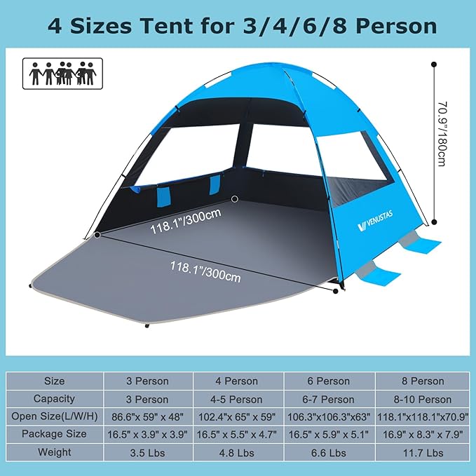 Venustas Beach Tent Sun Shelter for 3/4-5/6-7/8-10 Person UPF 50+ UV Protection Beach Canopy Lightweight and Easy Setup Cabana Portable Shade Tent