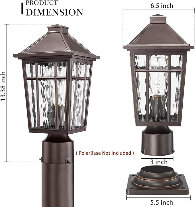 Darkaway Outdoor Post Lights Lamp Post Light Fixture Waterproof Aluminum Housing with Water Ripple Glass Fence Post Deck Lighting for Garden Patio Pathway