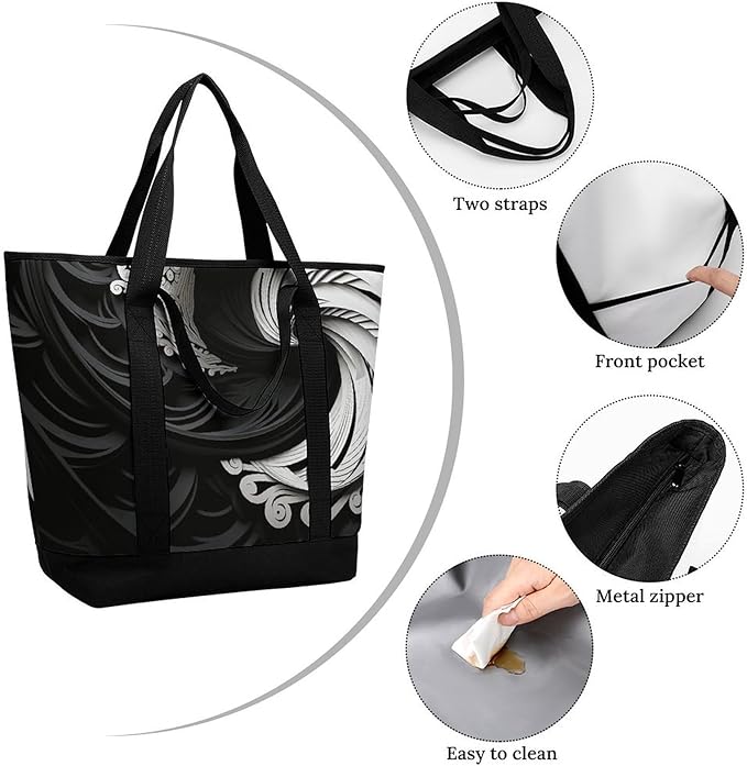 Insulated Shopping BagLarge Reusable Cooler Bags Black And White Image Printed Foldable Shopping BagTravel Waterproof Shoulder Bag