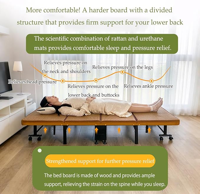 Folding Bed Single Camping Bed Space Saving Rattan Woven Mattress Fabric 360° Noise Reduction Universal Wheels 60/70/80/90x190CM Load Capacity 240KG(90cm)