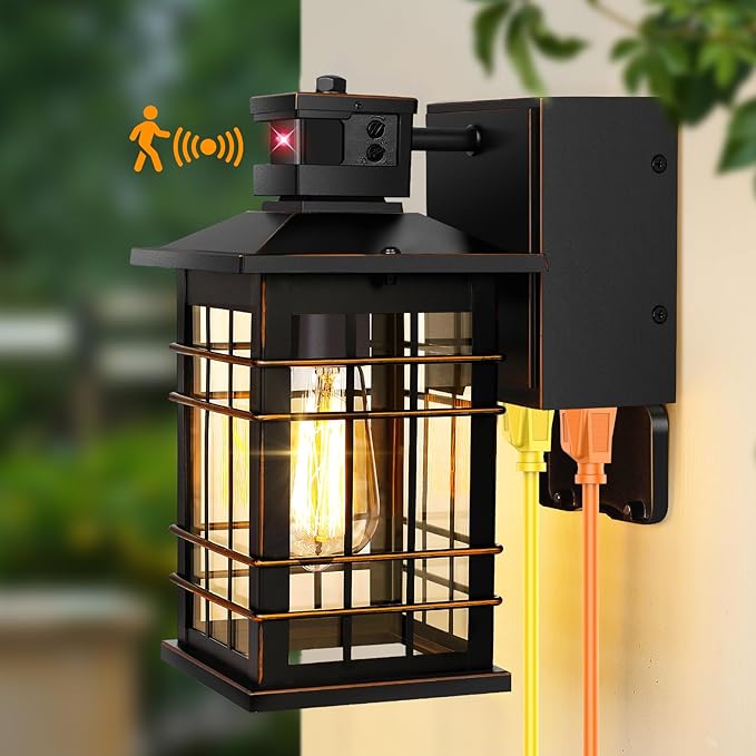 Motion Sensor Dusk Dawn Outdoor Wall Light Fixture with GFCI Outlets Sensor Porch Light Outdoor Wall Mount Oil Rubbed Bronze Waterproof Outside Light for House Front Doorway Patio 3 Lighting Mode