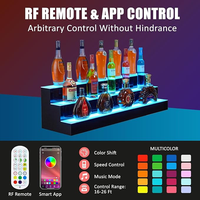 LED Lighted Wine Racks Countertop Wine Bottle Holder Liquor Bottle Display Shelf 3-Tier 40 Inch Acrylic Whiskey Rack with Remote &amp App Control USB Powered for Home Bar &amp Commercial Use