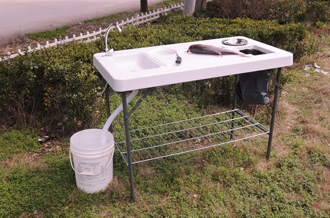 Old Cedar Outfitters Deluxe Fish Fillet Table or Portable Folding Camping Kitchen with Cutting Board Bowls Knife Odor Bar Sink Drain and More! 49.8 x 25.6 x 37.2 WhiteCamp