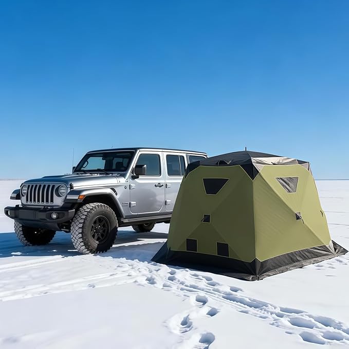 Instant Pop-Up Ice Fishing Tent Insulated 420D Hexagon Shelter for 5-6 People Portable Ice Shanty with Stove Jack &amp Dark Green Camo Ideal for Ice Fishing &amp Winter Camping