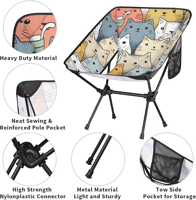 Honeybaby Folding Camping Chair Cartoon Cats Theme Camping Chairs Lightweight Portable Chair Outdoor Foldable Chairs for Camping Travel Picnic Beach Hiking