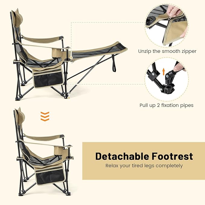 GYMAX Camping Chair Adjustable Reclining Lounge Chair w/Removable Footrest Padded Pillow Cup Holder &amp Side Pocket Folding Camping Mesh Chair w/Carry Bag for Outdoor Patio Lakeside (2 Khaki)