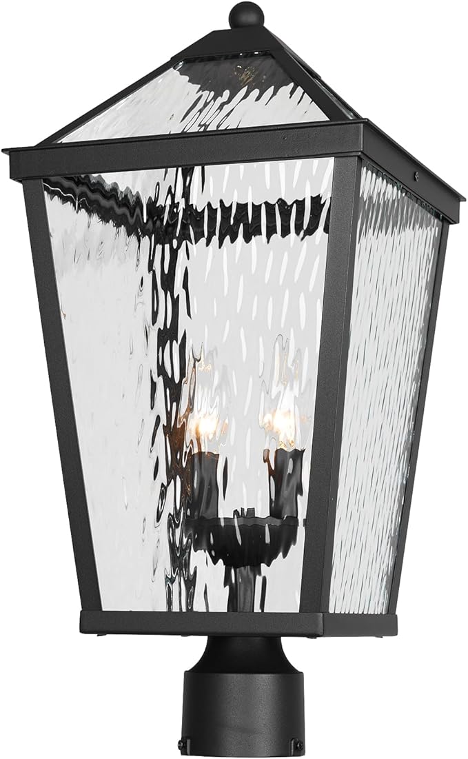 Treekee Outdoor Post Light Fixture Modern Black Pole Lantern with Water Ripple Glass &amp E12 Sockets Exterior Post Cap Lamp for Garden Pathway Courtyard Patio Porch Driveway Street
