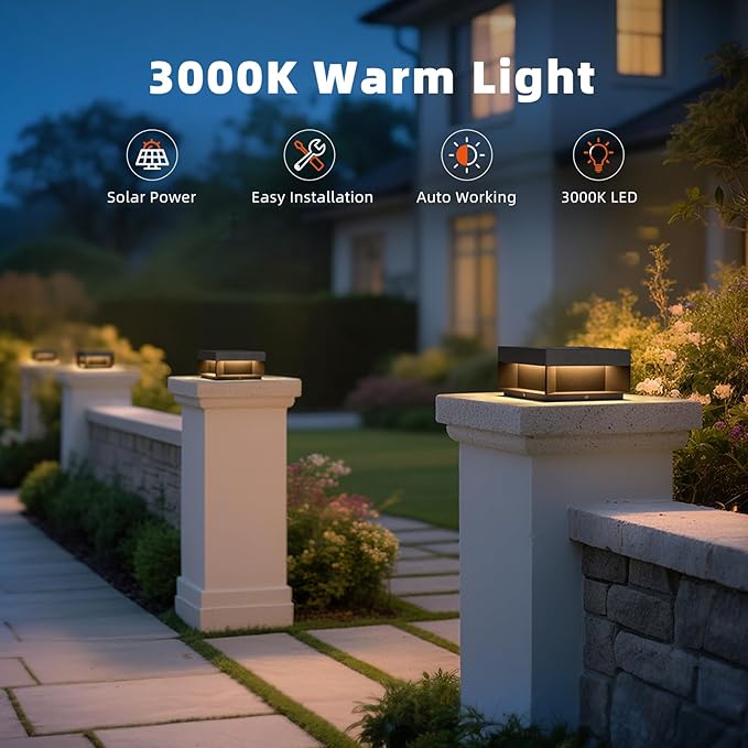 Solar Post Lights Outdoor 7.9'' Pillar Lights Waterproof 3000K Fence Column Cap Light Dusk to Dawn Solar Powered Lantern Modern Lamp Posts Outdoor Lighting Fixture for Yard Pathway Deck Garden