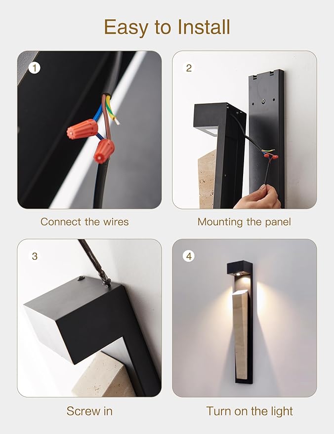23in Outdoor Wall Lights Natural Exterior Waterproof Alabaster Wall Sconce LED Modern Matter Black Wall Lamps for Pstio Front Door Entrydoor (Indoor and Outdoor)