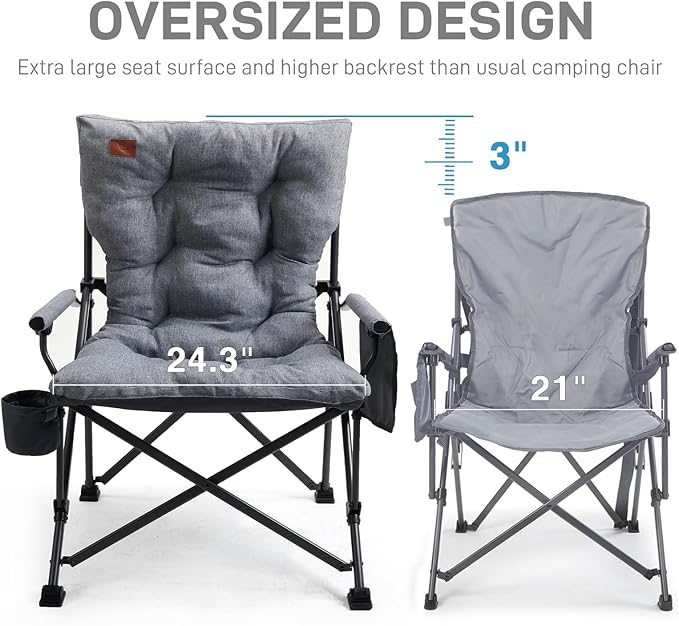 EVER ADVANCED Padded Oversized Folding Camping Chair for Adults Heavy Duty Lawn Chair with Side Pockets Portable Collapsible Quad Chair for Outside Support Up to 500lbs Grey