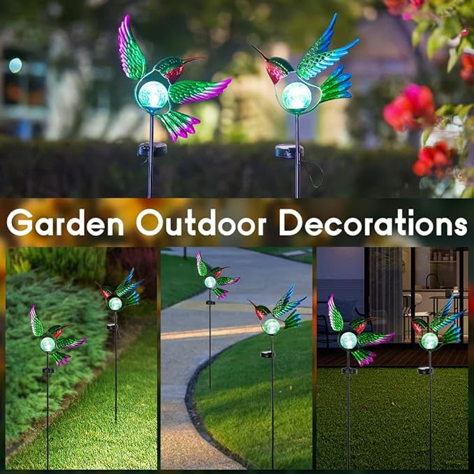 Hummingbird Solar Garden Lights with Stake 2 PackBird Pathway Solar Outdoor Crackle Glass Globe Light for GardenWalkwayPathwayYardLawn