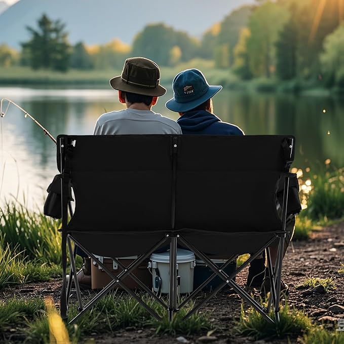 Tangkula 2 Person Camping Chair Outdoor Folding Camp Chair Loveseat with Cup Holders Armrests Carrying Bag Portable Heavy Duty Lawn Chair for Beach Picnic Fishing Travel (2-PersonBlack)