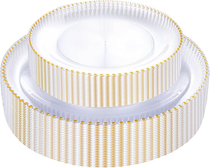 Rubtlamp 60Pcs Clear Gold Plastic Plates Clear Disposable Plates With Gold Beaded Heavyduty Plastic Plates Include 30 Dessert Platos 30 Dinner Platos for Wedding Party