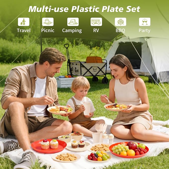 Camping Dishes Picnic Set Camping Plates Cups and Bowls Set 31 PCS Plastic Dish Set for 4 Portable Dinnerware Set for BBQ RV Travel Dorm Camping Mess Kit Picnic Essentials Not Microwave Safe