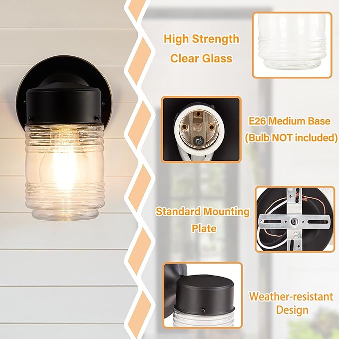 2 Pack Outdoor Wall Lantern Exterior Waterproof Wall Sconce Light Fixtures Black Front Door Lighting with Clear Glass Shade Anti-Rust E26 Socket Porch Lights for Entryway