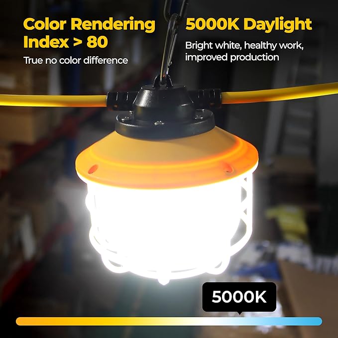 100FT 150W Ultra-Bright 21000 lumens Linkable Construction String Lights: Industrial Outdoor/Indoor Temporary Hanging Led Work Light for Attic Jobsite Garage Shop Lighting