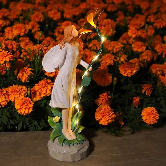 Fairy Garden Statue Outdoor Decor Solar Powered Garden Sculptures Fairy Resin Statues Waterproof Yellow Flower Solar LED Lights Yard Art Decorations for Outside Patio Lawn Decor