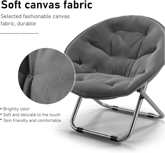 Round Folding Chair Oversize Padded Moon Chair Soft Stable Portable Foldable Camping Beach Picnic Chair Grey
