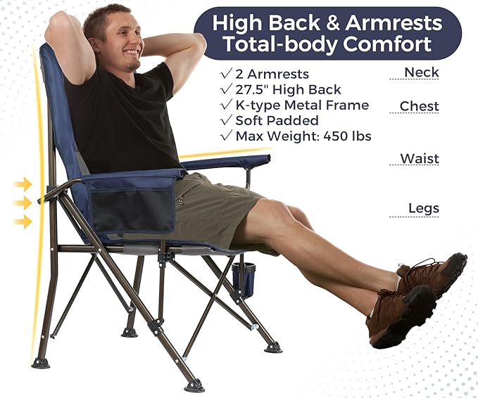 Large High Back Camping Chair for Adults - Oversized Comfortable for Tall People - Heavy Duty 450lbs Capacity K-Frame Padded Seat &amp Armrests for Sitting Fishing Lawn Outside Cup Holder (Blue)