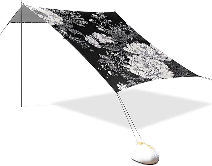 White Flowers Black Beach Tent Sun Shelter 9.2' x 10.5' Beach Canopy with 4 Sandbags 4 Stability Poles Sand Shovels - Tent Canopy for Beach Camping Fishing Picnics