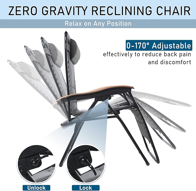 PHI VILLA XXL Oversized Padded Zero Gravity Chair Set of 2 Foldable Patio Recliner 30 Wide Seat Anti Gravity Lounger with Armrest and Cup Holder Support 400 LBS (Light Gray)