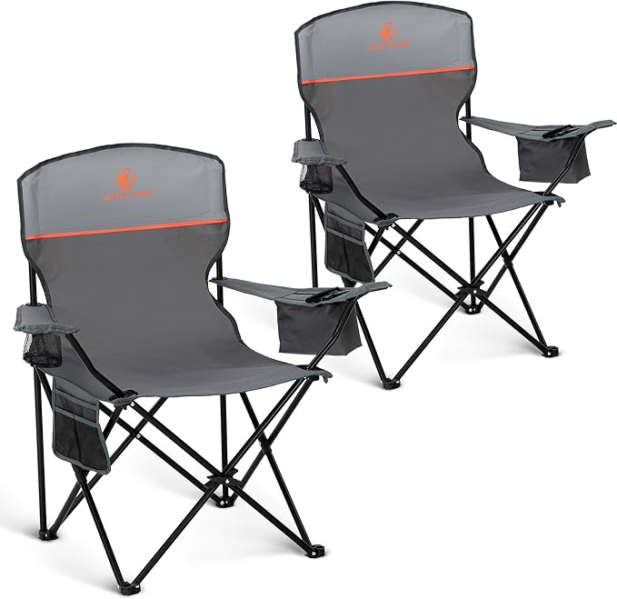 HIGH POINT SPORTS 2 Pack Portable Camping Chair for Adults Folding Outdoor Camp Chair Lightweight Lawn Chairs Folding Collapsible Chair for Camping Tailgates Beach Gray Support 250 lbs