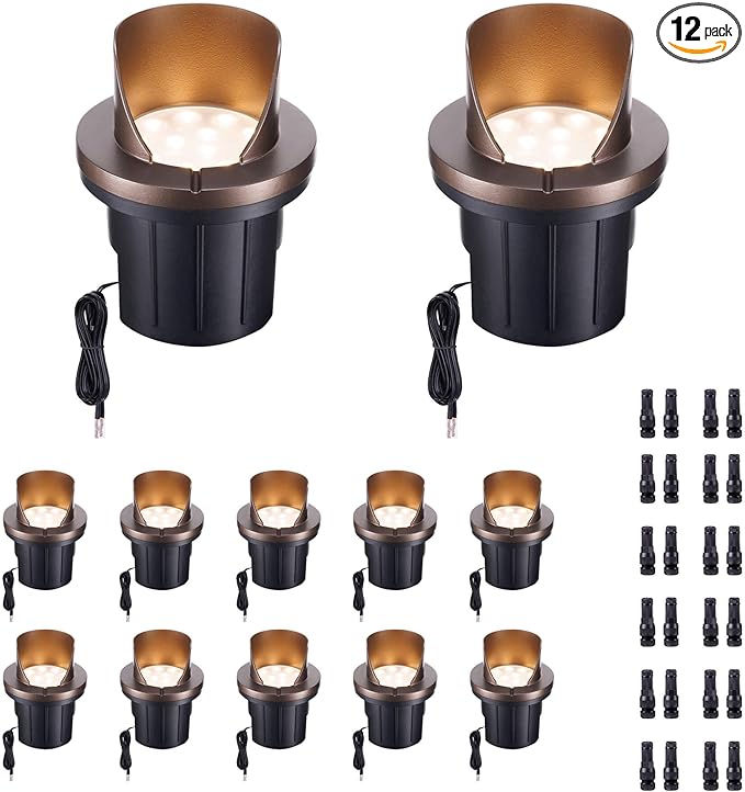 Low Voltage Landscape Well Lights Outdoor LED In-Ground Lights Warm White 3000K 12V IP67 Waterproof Hood Top Aluminum ORB Uplighting for Trees 420LM 12 Pack