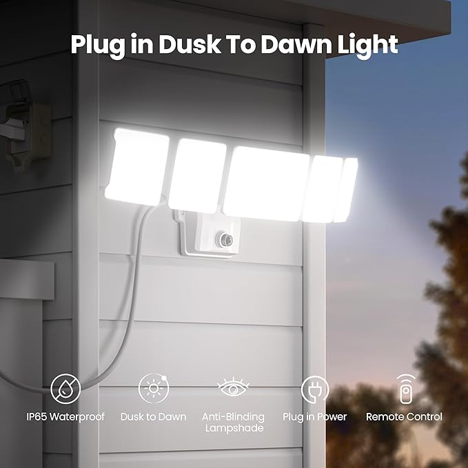 Olafus 120W Plug in Flood Lights Dusk to Dawn LED Outdoor Light with Remote 5 Adjustable Heads IP65 Waterproof LED Security Light with Photocell for Yard Garden Porch White