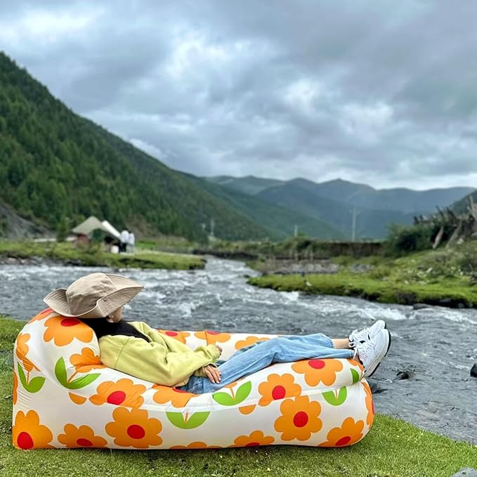 Inflatable Couch for CampingInflatable Lounger Air Sofa ChairPortable Festival Couch for Outdoor Beach Hiking Picnics Music Festivals (Sunflower)