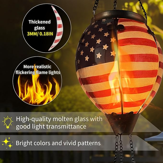Glass Solar Hot Air Balloon Lantern with Flame Hanging Garden Flickering Light Outdoor Waterproof for Yard Patio Tree 4th of July Decorations Flag