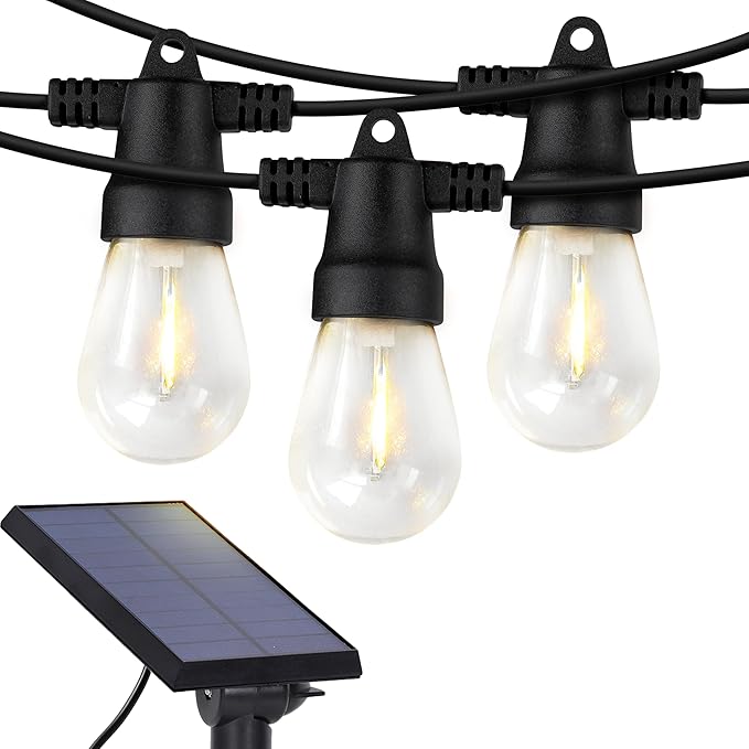 Brightech Ambience Pro Solar Powered Outdoor String Lights 48 ft Commercial Grade Waterproof Patio Lights 15 Edison Bulbs Shatterproof LED String Lights for Outside Porch - 1W Soft White