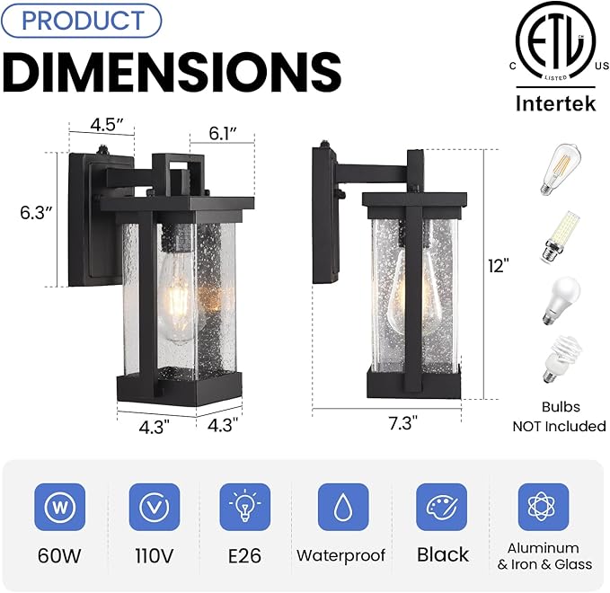 Outdoor Wall Lights Black Exterior Lighting Fixtures Waterproof Outdoor Wall Sconce with Seeded Glass Modern Dusk to Dawn Outdoor Light Fixtures Wall Mount for Porch Garage Patio 2-Pack