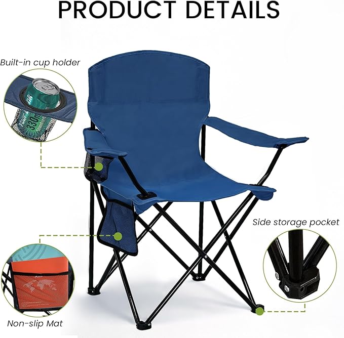 Folding Camping Chair with Cup Holder &amp Side Storage Bag 300lb Capacity Lightweight 5.5lbs Portable for Beach Picnic Sport Cyan