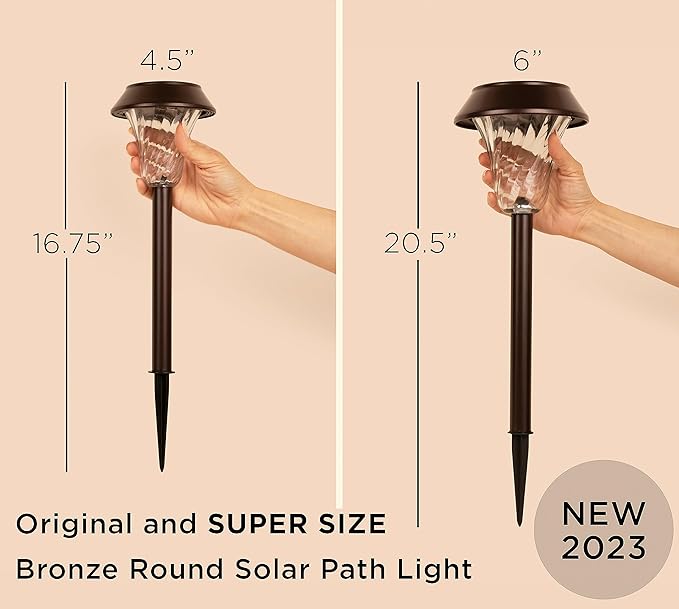 2 Pack Super Size 6 Diameter Bronze Solar Path Light with Large Solar Panel Glass Lens Metal Ground Stake and Extra-Bright LED for Garden Lawn Patio Walkway Driveway
