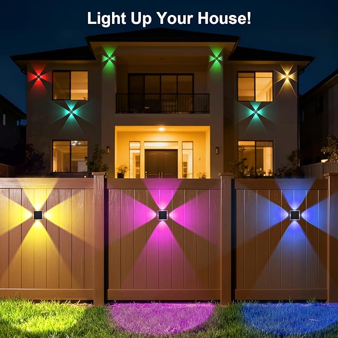 Solar Fence Lights Outdoor New 4-Way Lighting Fence Lights Solar Powered with 8 Modes Warm White/RGB IP65 Waterproof Solar Wall Light for Backyard Wall Pathway Deck Patio Decor - 12 Pack