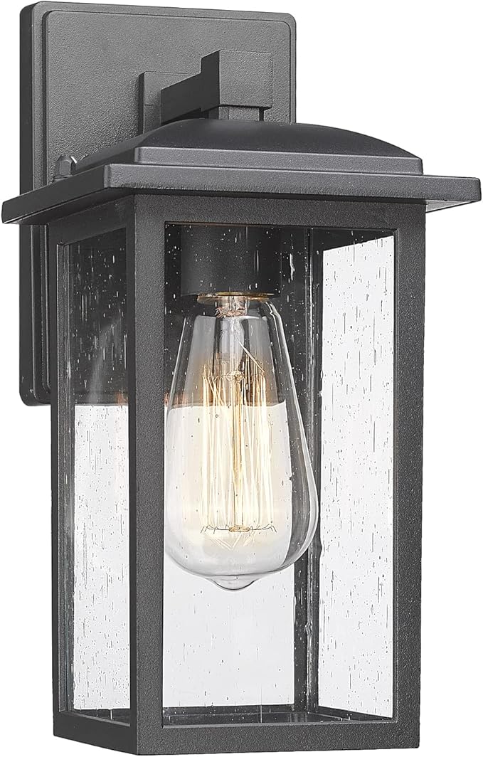 Outdoor Wall Sconce 1 Pack Exterior Light Lantern Fixture Porch Lights Lamp Outdoor Wall Mounted in Black Finish with Seeded Glass for House Garage Patio Yard Garden