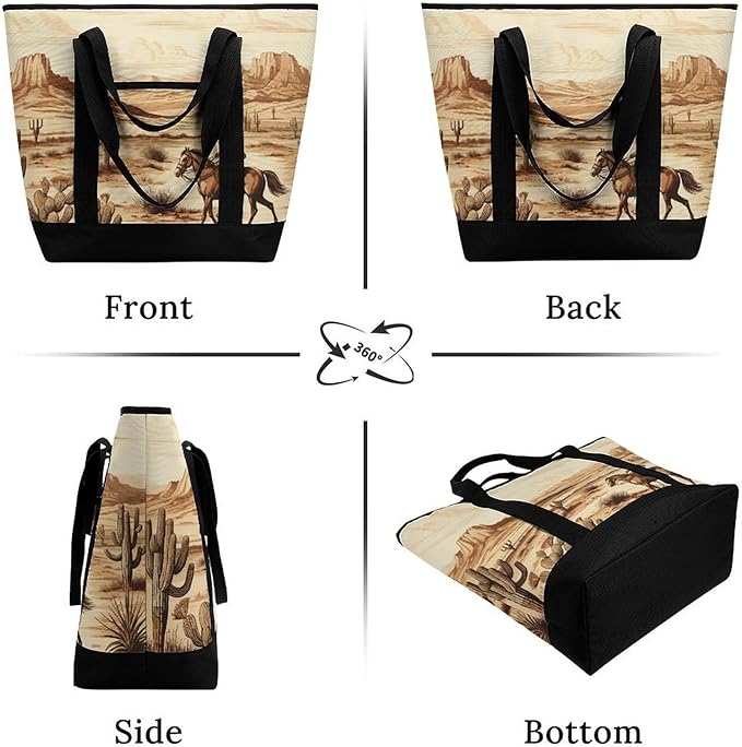 Insulated Shopping BagLarge Reusable Cooler Bags West Desert Cactus with Cowboys Riding Horses Printed Foldable Shopping BagTravel Waterproof Shoulder Bag