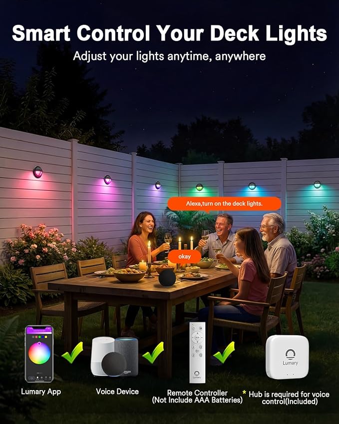 Lumary 12-24V Smart Low Voltage Deck Lights with Hub 4Inch RGB+CCT Outdoor Privacy Fence Lights IP65 Waterproof Landscape Lighting for Step Deck Patio Compatible with Alexa &amp Google 6Pack