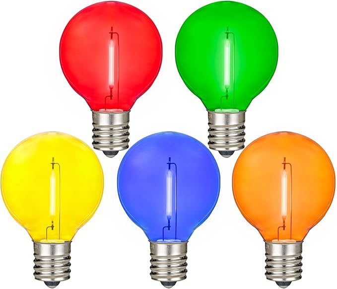 Novelty Lights 25 Pack Multicolor G40 LED Filament String Light Bulbs E12/C7 Candelabra Base 5 Watt Equivalent Shatterproof Replacement Bulbs for Patios Canopy Lighting
