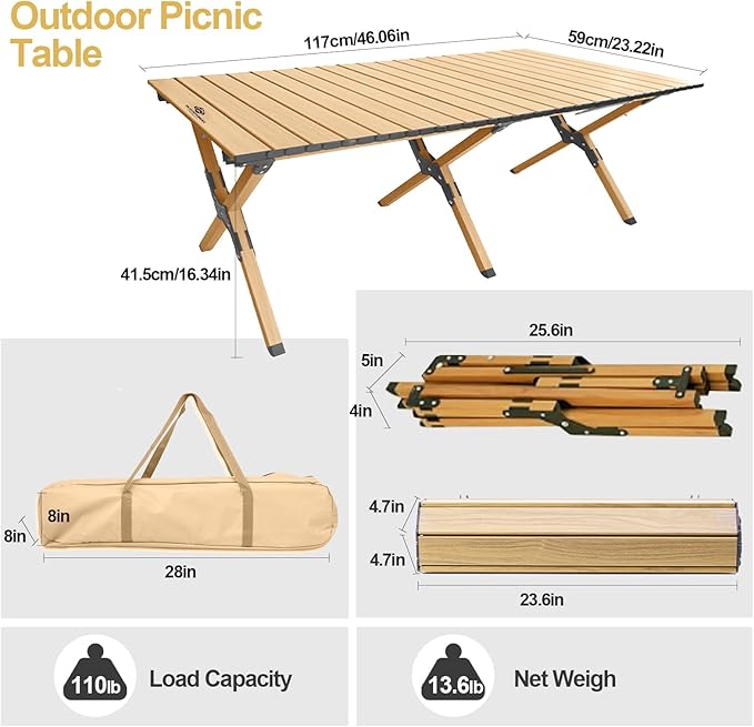 Folding Camping Table Roll-Up Folding Table with Carry Bag Portable Aluminum Picnic Table Low Height Beach Table for Outdoor Use Travel BBQ &amp Hiking Easy Assembly (Natural)
