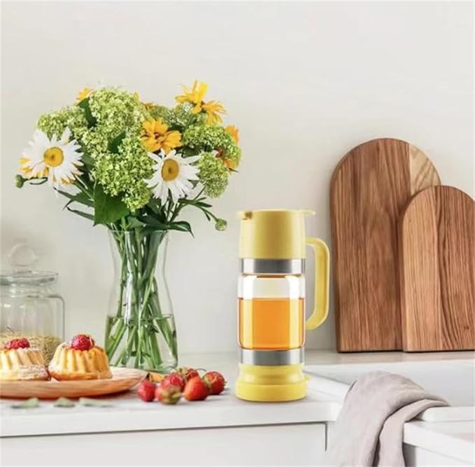 Honey Dispenser No Drip Glass Honey Dispenser No Drip with Stand Press Type Drip Dispensers for Honeys Refillable Glass Honey Jar with Handle For Honeys Coffee Syrup (Yellow)